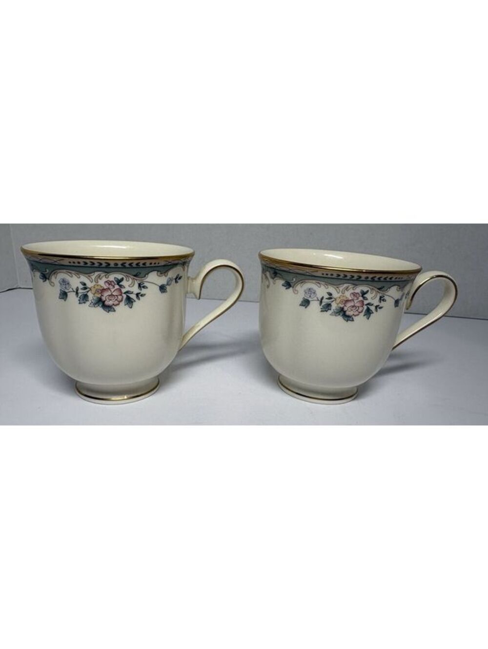 Pair Of Lenox Spring Vista USA Bone China Teacups Gold Rim Green Border